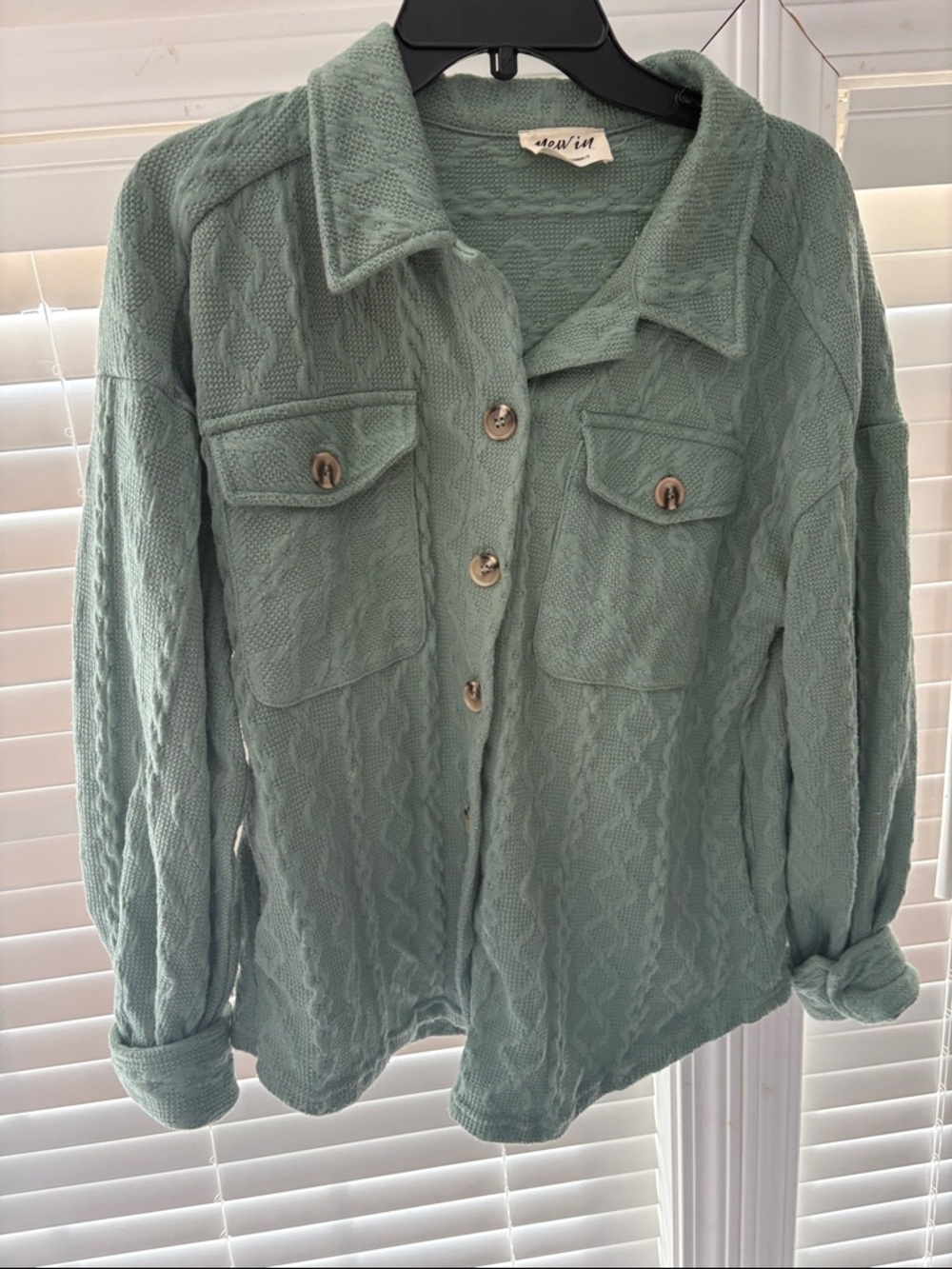 Cozy Cable Knit Button-Down Shirt Jacket in Seafoam Green